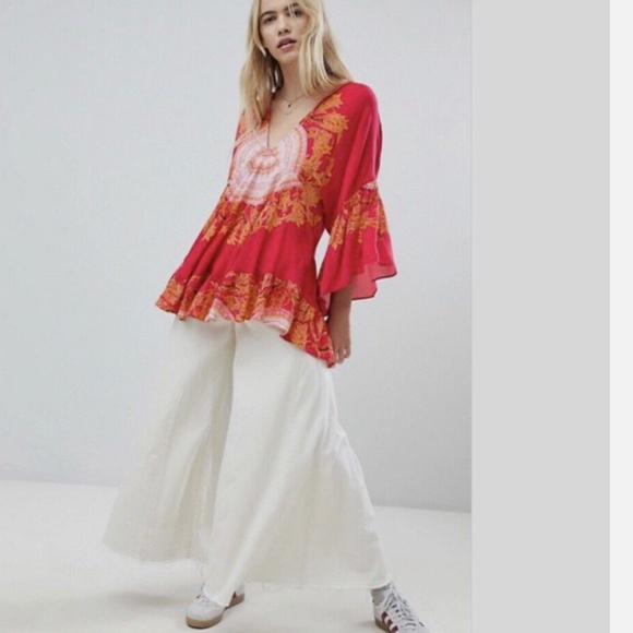 FREE PEOPLE Sunset Dreams Ruffle Top Shirt Tunic Boho Size L - Picture 3 of 7